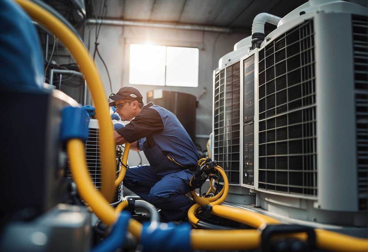 A technician checks and cleans a heat pump unit, inspecting coils and filters for maintenance