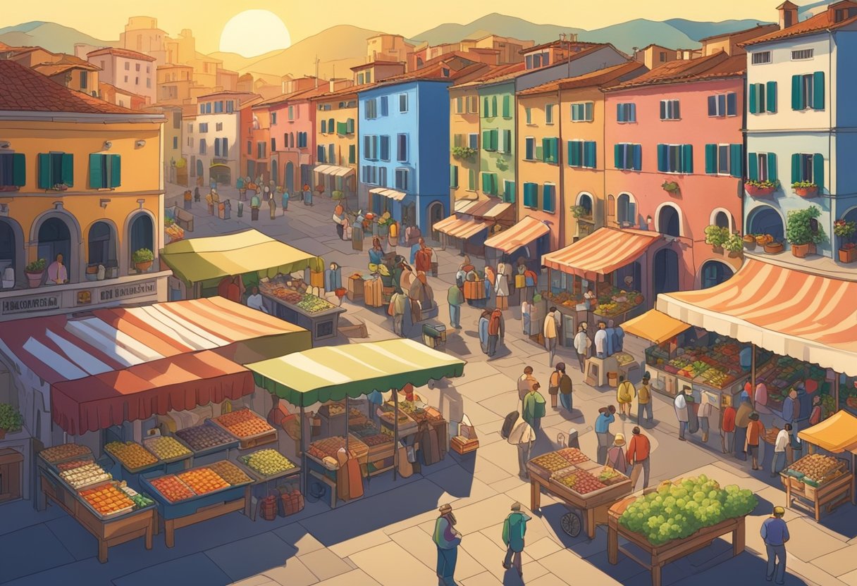 A bustling Italian marketplace with vendors selling goods, people conversing, and colorful buildings in the background