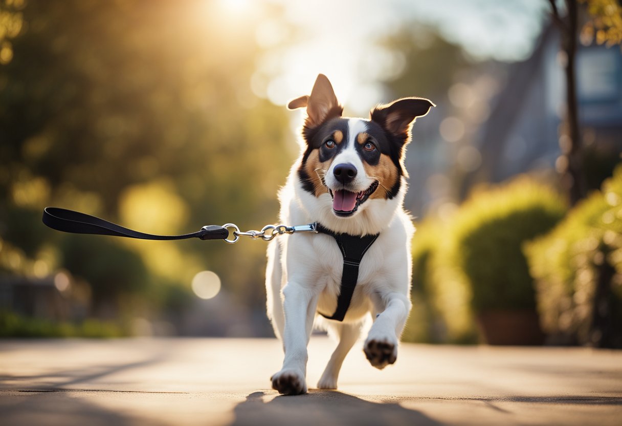 A happy dog walks on a sunny sidewalk, attached to a sturdy retractable leash. The leash extends smoothly as the dog explores