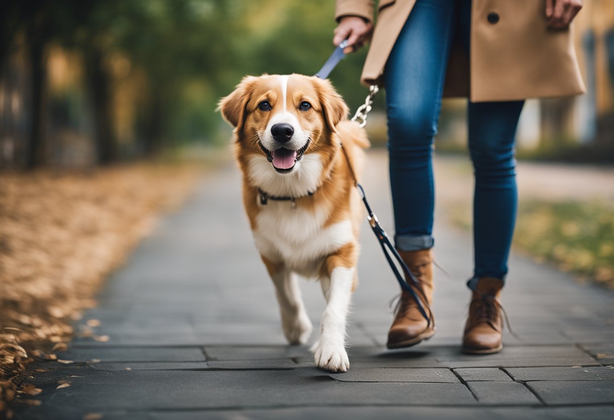 A happy dog walks beside its owner, the retractable leash extended with ease. The leash is sturdy and comfortable, with a reliable locking mechanism