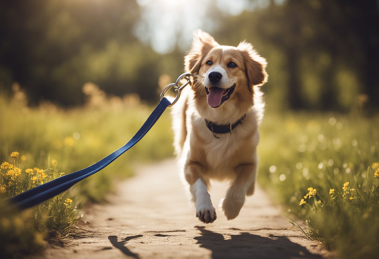 A happy dog walks on a sunny day with a retractable leash from a top brand