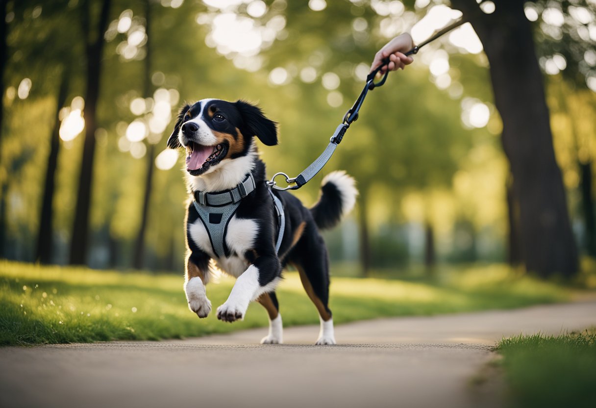 A dog happily walks on a retractable leash through a park, surrounded by trees and greenery. The leash is sturdy and extends smoothly, allowing the dog to explore freely
