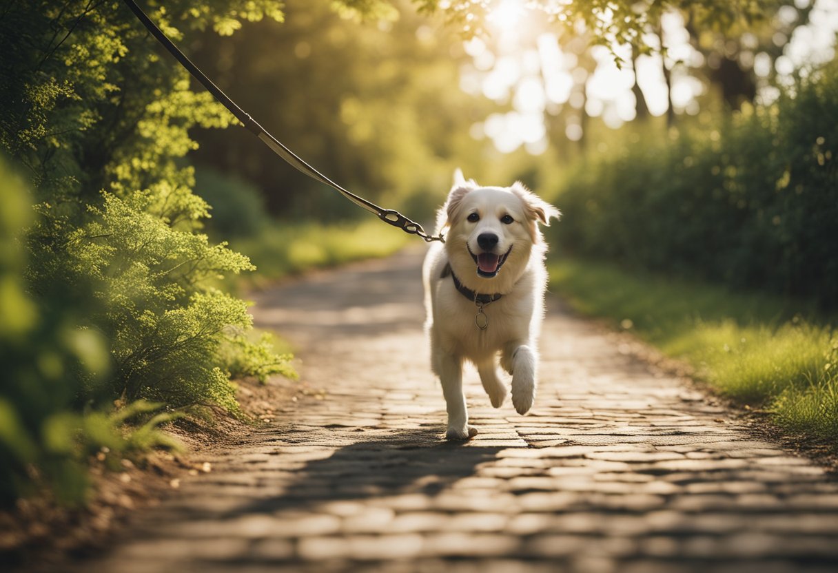 A happy dog walks on a sunny path, leash extended from a retractable leash handle. Trees and greenery fill the background