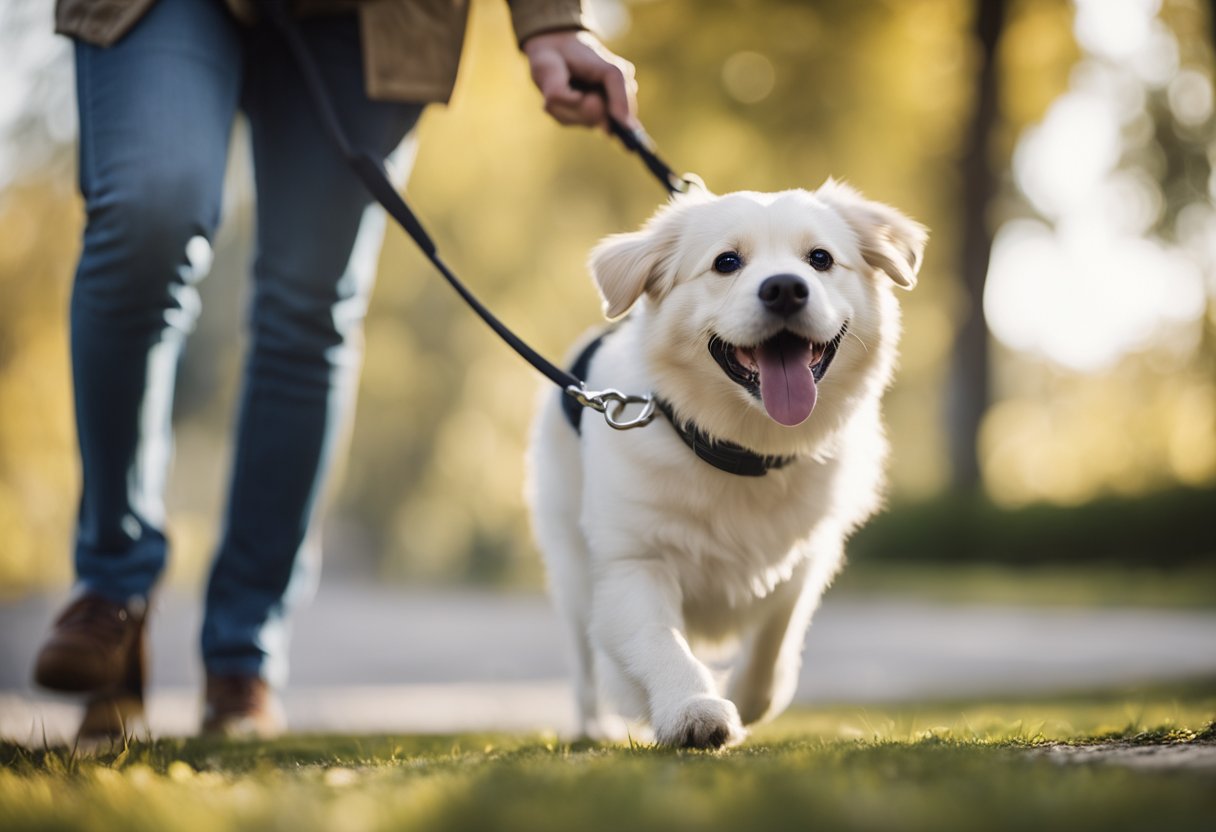 A happy dog walking on a retractable leash with a smiling owner holding the handle. The leash extends out and retracts smoothly