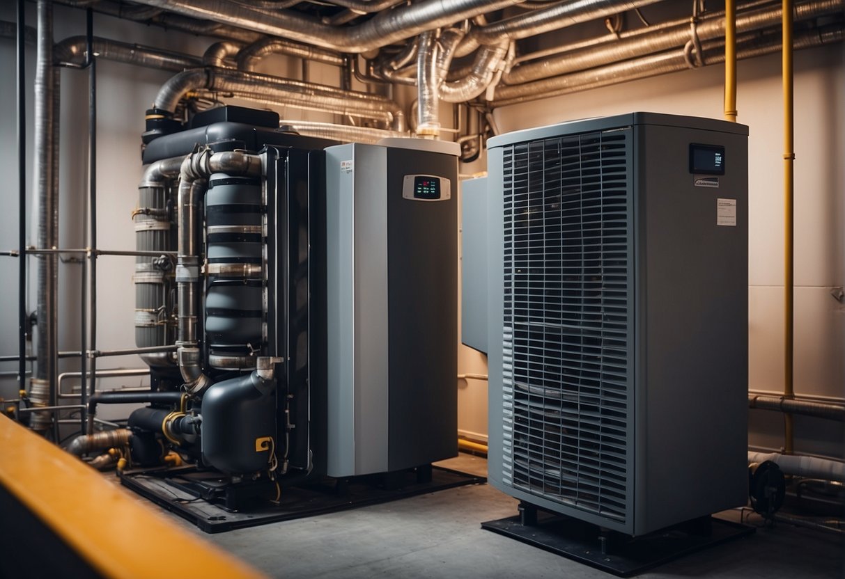 A heat pump and a furnace side by side, with arrows pointing to each, illustrating the comparison between the two heating systems