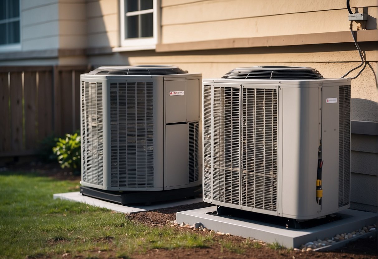 A heat pump and furnace sit side by side, surrounded by a variety of climate conditions. The heat pump's efficiency is evident in its ability to maintain comfort in both hot and cold environments, while the furnace struggles in extreme temperatures