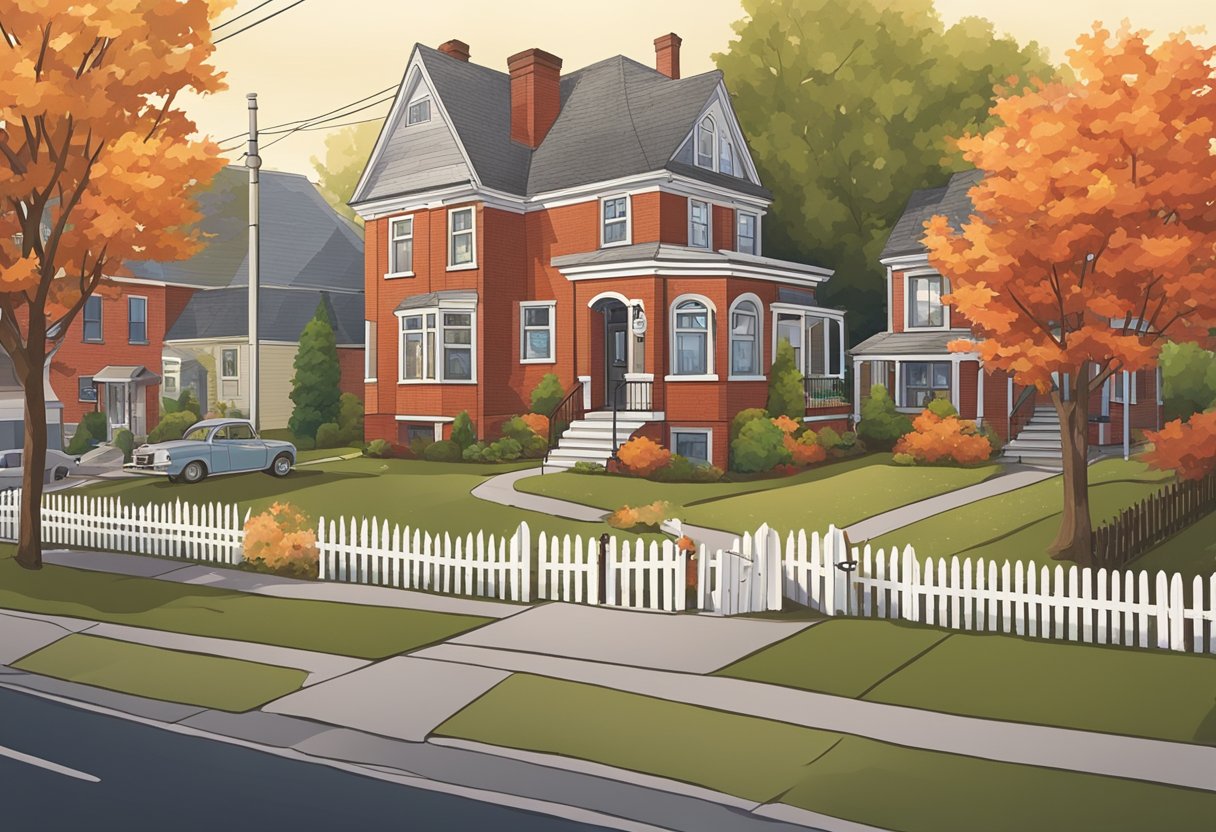 A cozy Canadian street, with a maple tree, a red brick house, and a white picket fence