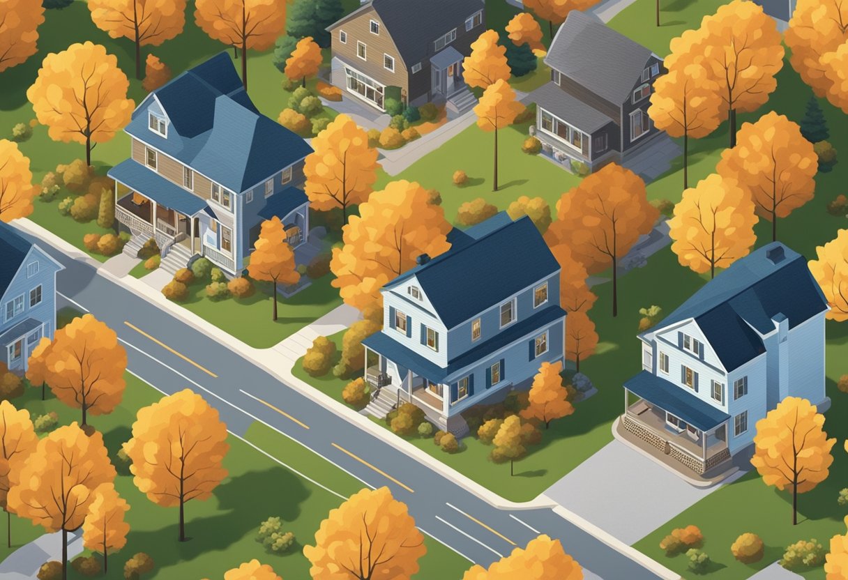 A cozy Canadian street with maple trees and cozy houses, featuring the Smith, Johnson, and Brown families