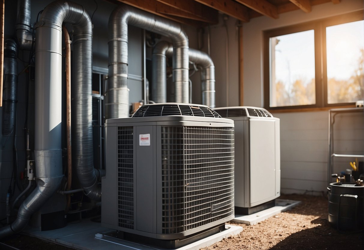 A heat pump and furnace stand side by side in a utility room. The heat pump is connected to an outdoor unit, while the furnace is linked to a ventilation system. Tools and equipment are scattered around for installation and maintenance