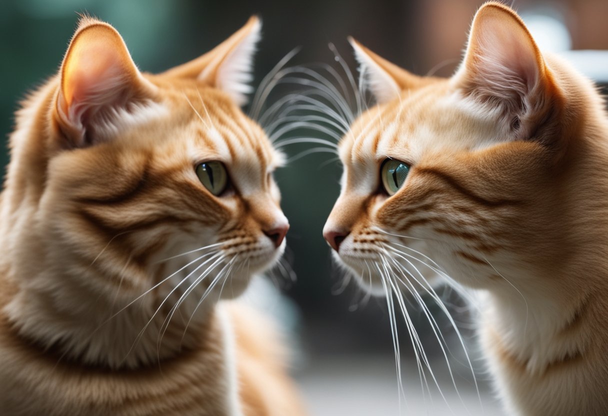 Two cats hiss at each other, backs arched and ears flattened. One cat may be grooming when the other approaches, causing the aggressive behavior