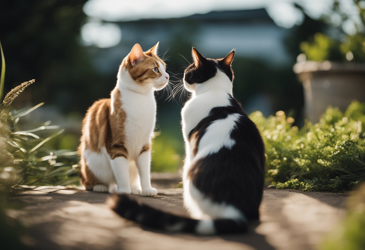 Two cats hiss and arch their backs after grooming. One cat retreats to a separate area. The other cat sniffs around and then follows, attempting to reconcile