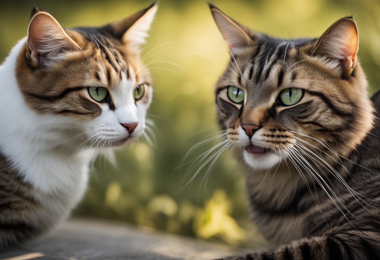 Two cats hiss at each other, fur raised, after grooming. Research cat behavior and consult a vet to stop aggression