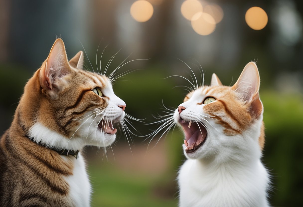 Two cats facing each other, ears flattened and teeth bared. One cat is hissing while the other is growling, showing signs of aggression after grooming