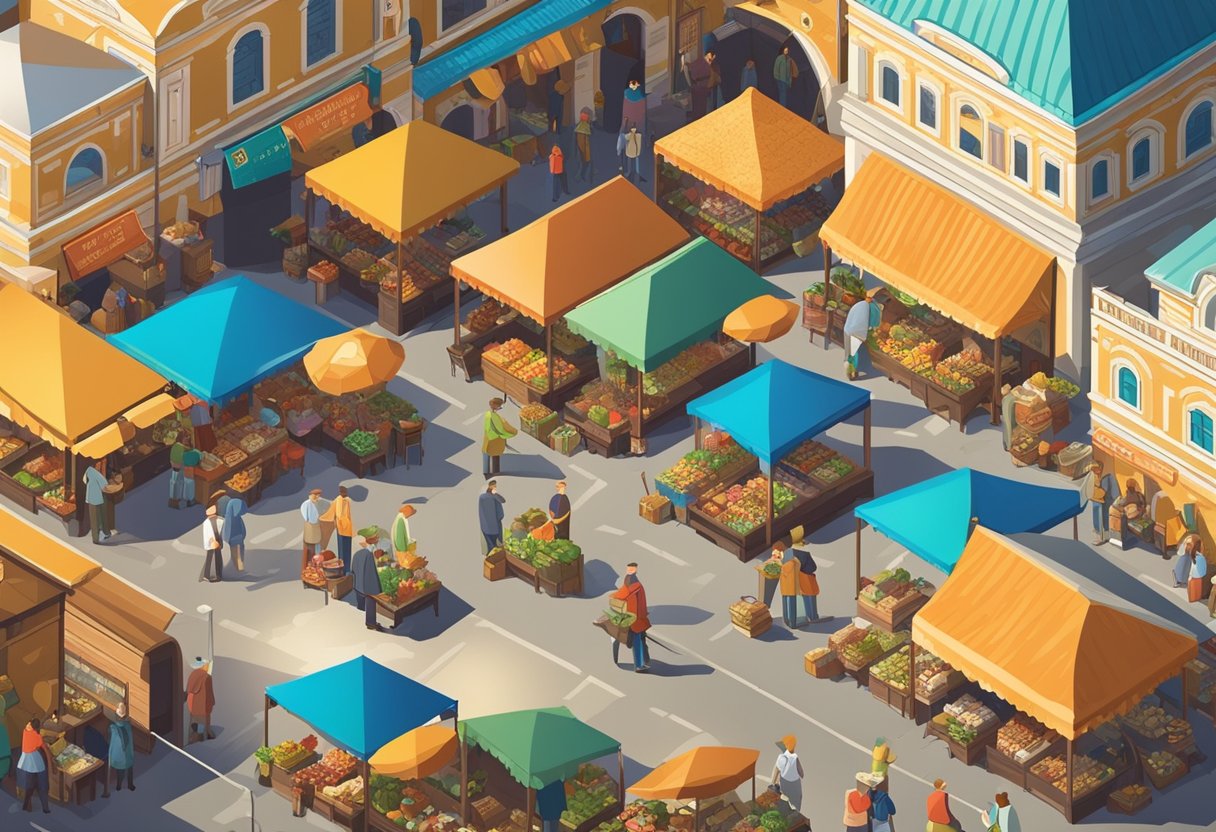 A bustling Russian marketplace with colorful stalls and signs, showcasing the diversity of popular Russian last names