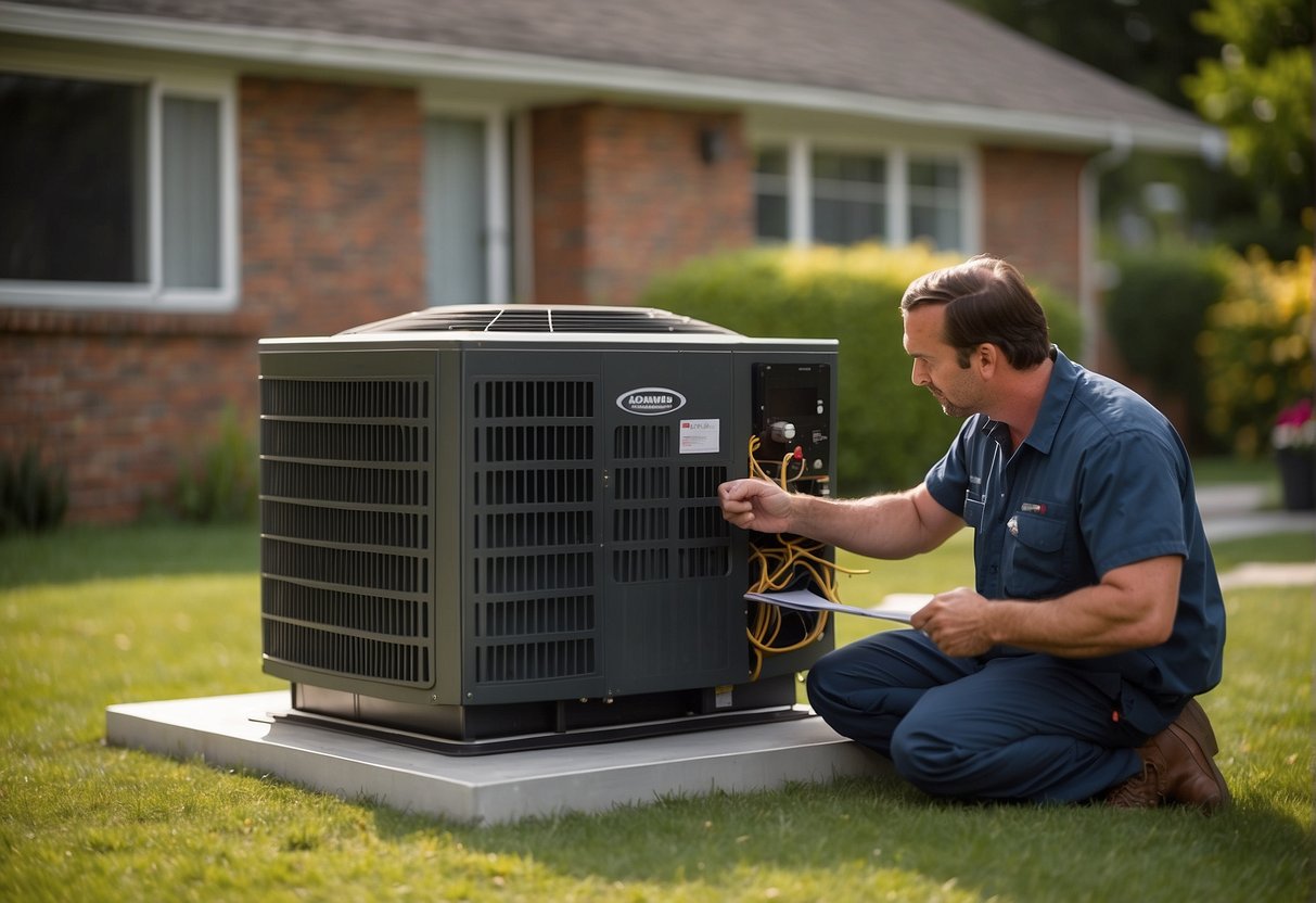 A heat pump sits outside a house, drawing in warm air and transferring it indoors. A technician inspects the unit, checking for common issues