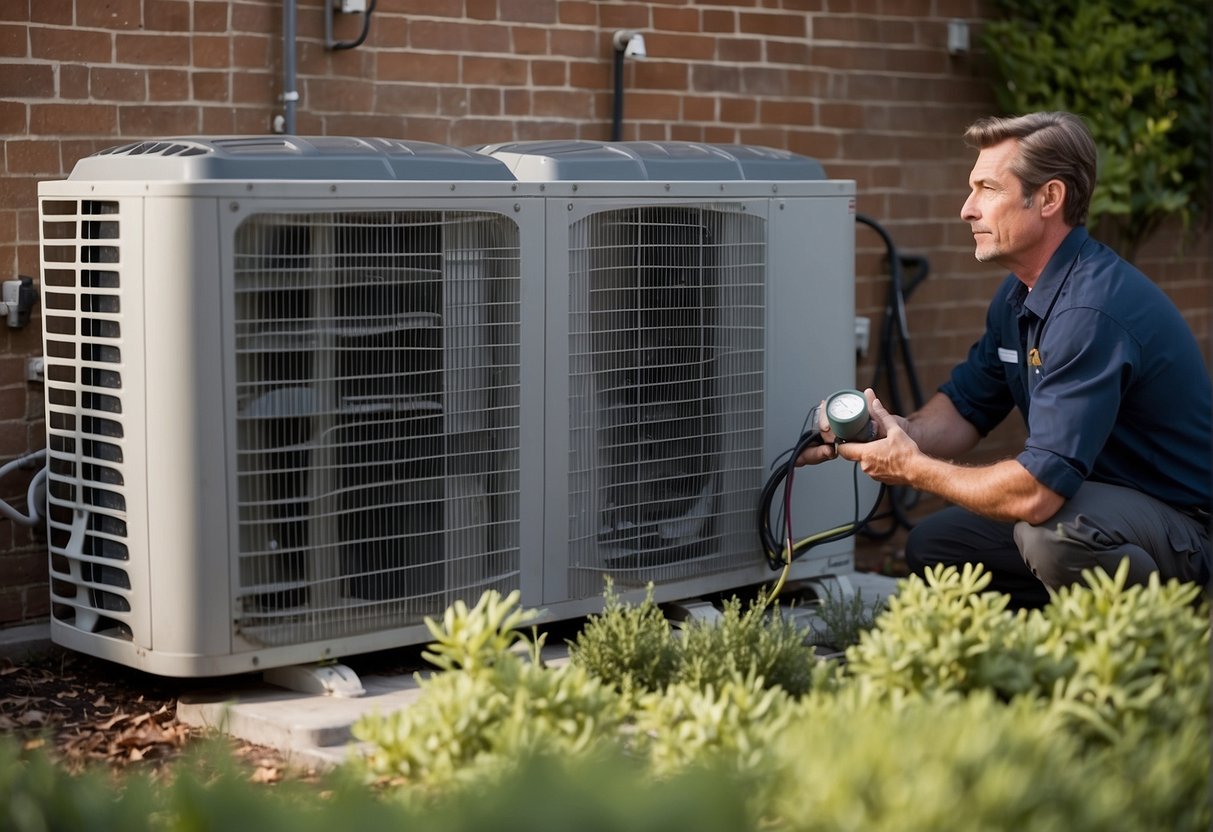 A heat pump with visible frost buildup on the outdoor unit, accompanied by a lack of heating or cooling inside the building. A technician using diagnostic tools to troubleshoot the system