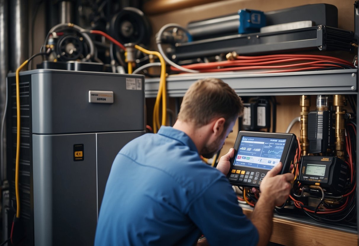 A heat pump surrounded by tools and equipment. A technician checks wiring and inspects components. Diagrams and troubleshooting guides are displayed nearby