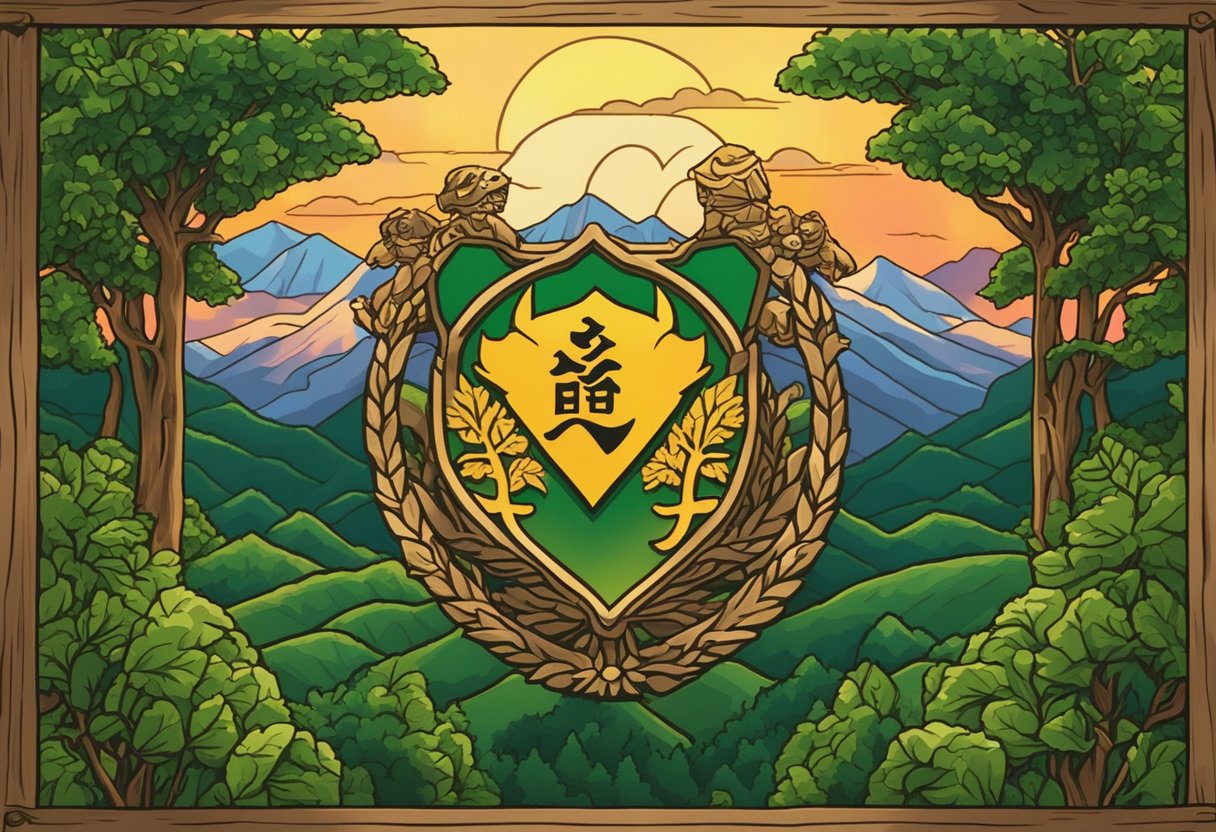 A family crest with "Kane," "Kawamoto," and "Kawamura" written on a wooden sign against a backdrop of lush green mountains and a vibrant sunset