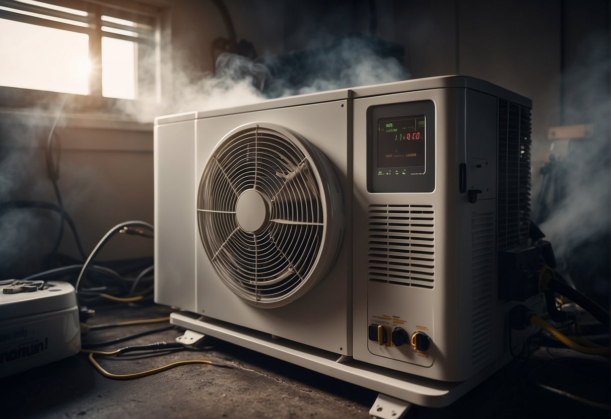 A heat pump with visible signs of wear and tear, surrounded by various tools and equipment. Smoke or steam rising from the unit indicates a potential issue