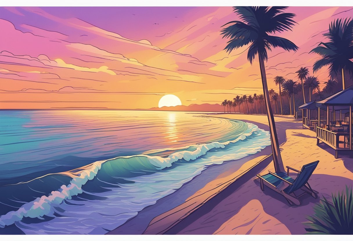 A serene beach at sunset, palm trees swaying in the gentle breeze, with a backdrop of a colorful sky and the sound of waves crashing on the shore