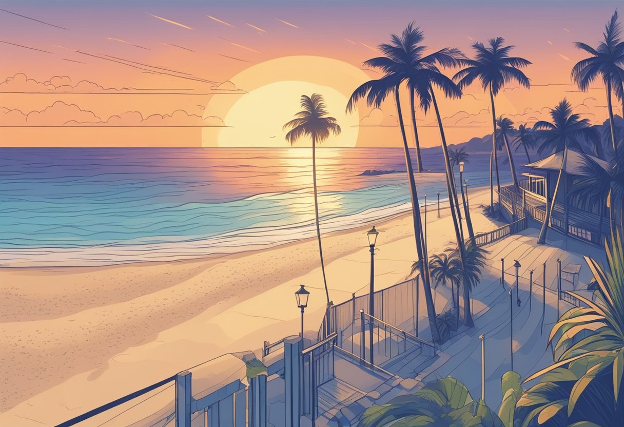 A serene beach at sunset, with palm trees swaying in the gentle breeze and the sound of ocean waves crashing against the shore