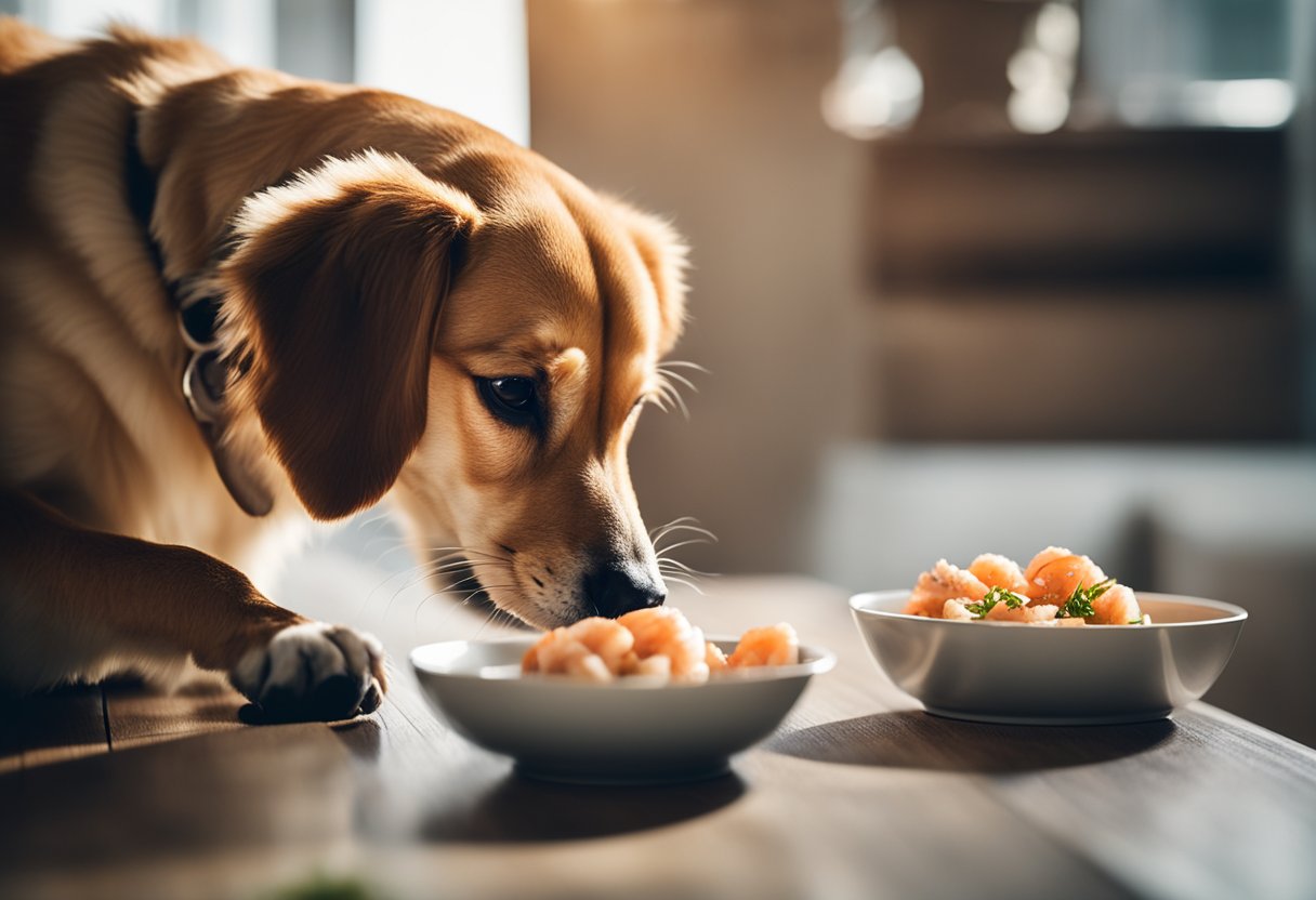 A dog eagerly eats a cooked shrimp from a bowl on the floor