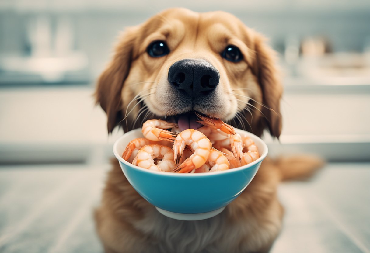 A happy dog eagerly eats a bowl of cooked shrimp, showing shiny coat and strong muscles