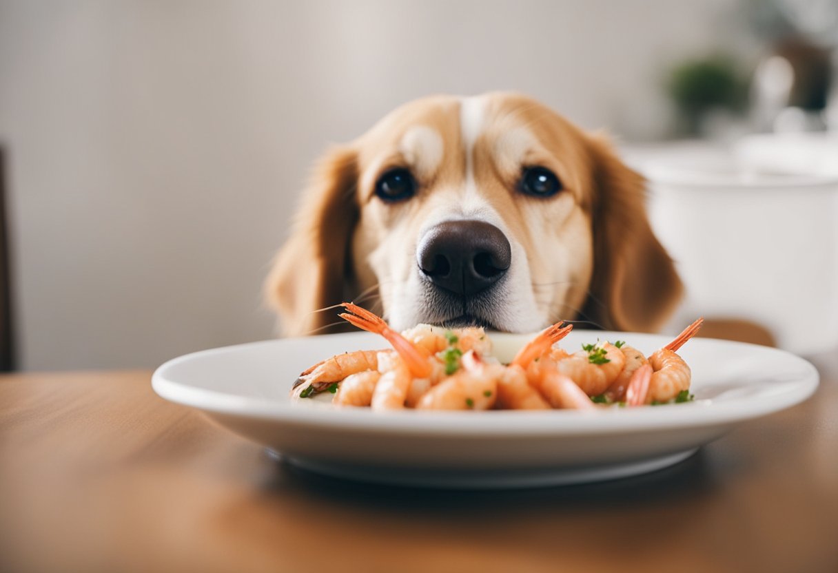 A dog eagerly eats a cooked shrimp, tail wagging