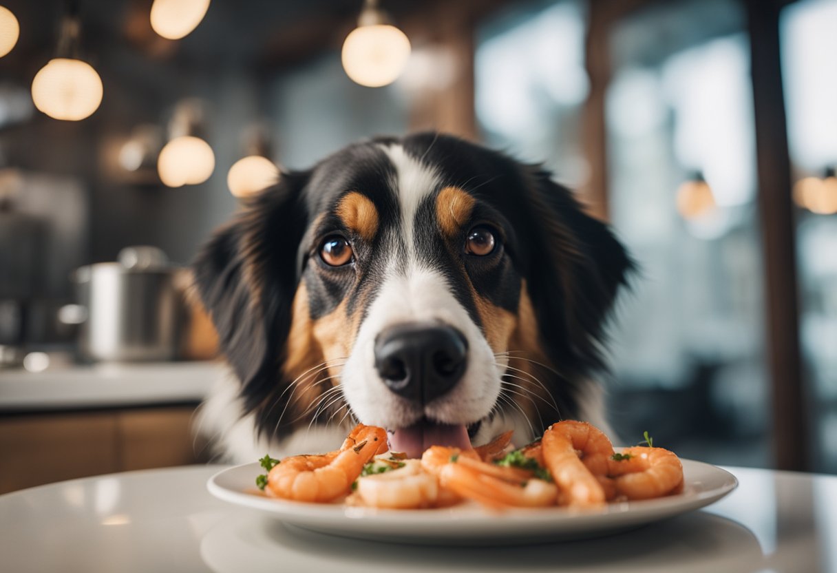 A happy dog eagerly eating a cooked shrimp