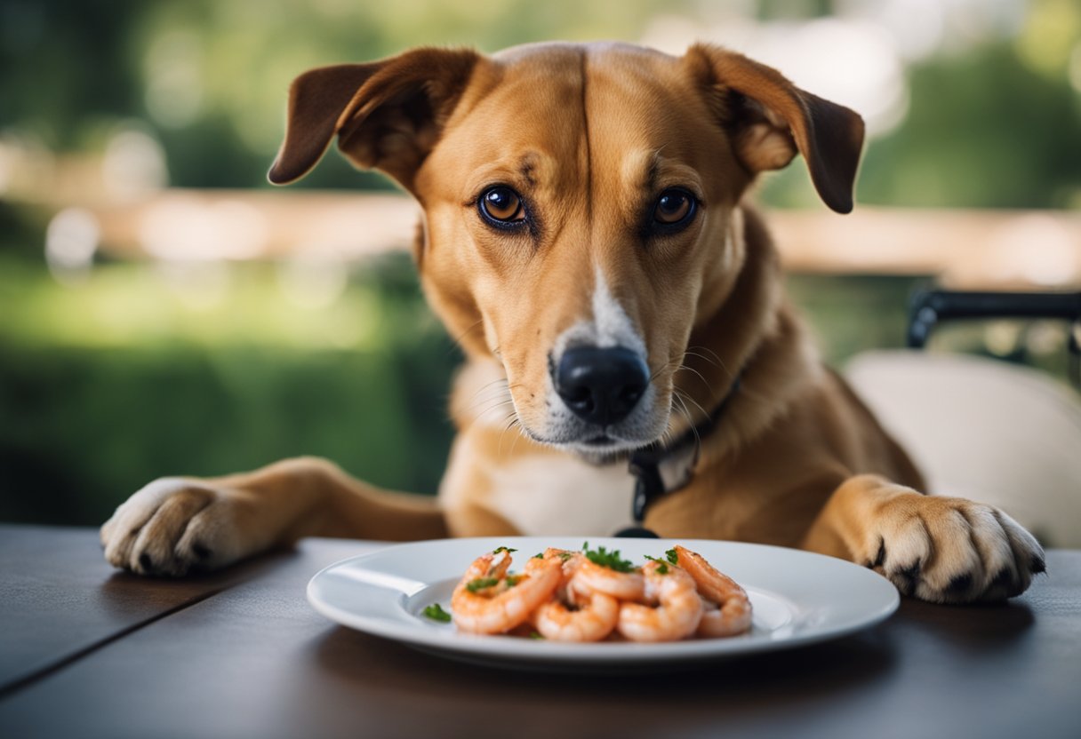 A dog eagerly looks at a plate of cooked shrimp, while a question mark hovers above its head