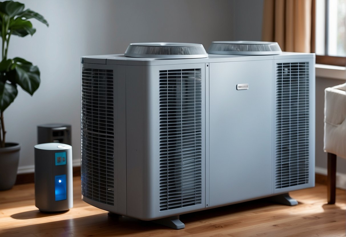 A high-efficiency heat pump sits next to a traditional model, showing the contrast in size and design. The high-efficiency pump emits a cool blue light, while the traditional pump emits a warm yellow light