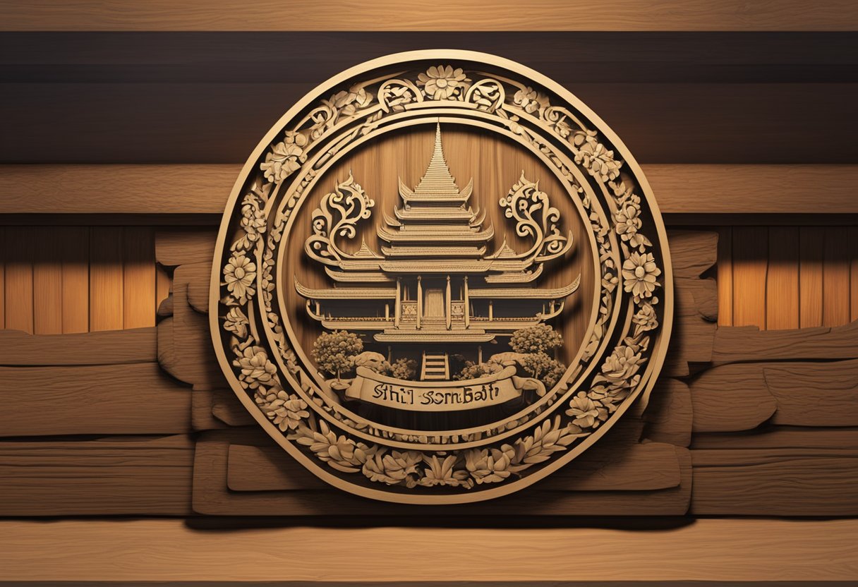 A family crest with the Thai last name "Srisombat" displayed on a wooden sign in a traditional Thai village setting