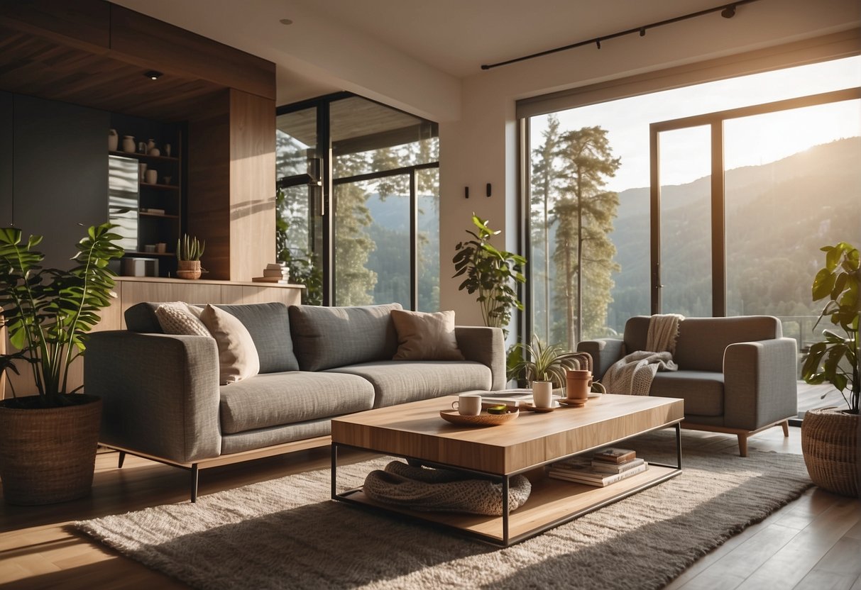 A cozy living room with a modern high-efficiency heat pump providing warmth and comfort. Outside, the environment benefits from reduced energy consumption and lower carbon emissions