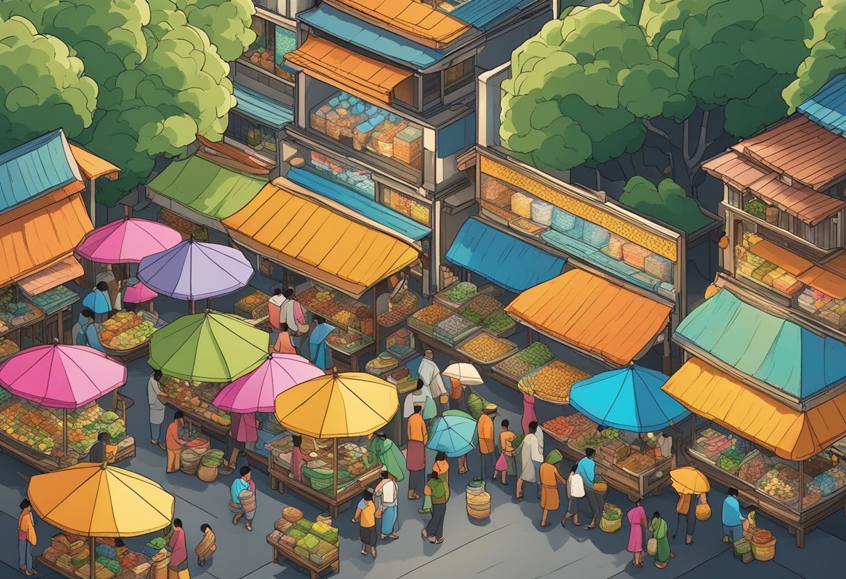 A bustling Thai market with vendors selling goods under colorful umbrellas