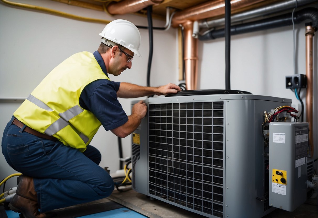 A technician installs a high-efficiency heat pump in a well-ventilated area, considering system design and installation benefits