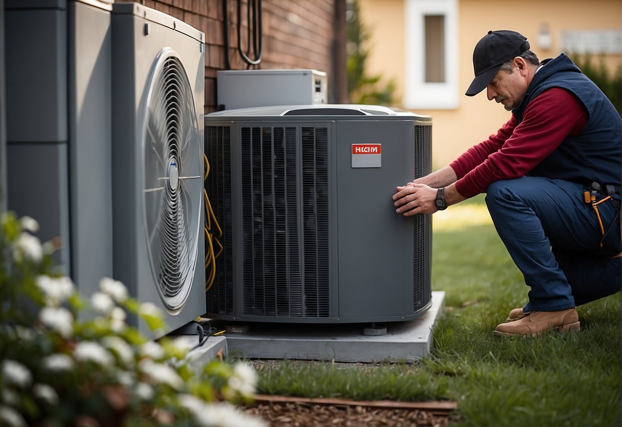 A technician installs a heat pump system outside a house, connecting pipes and wiring to the unit