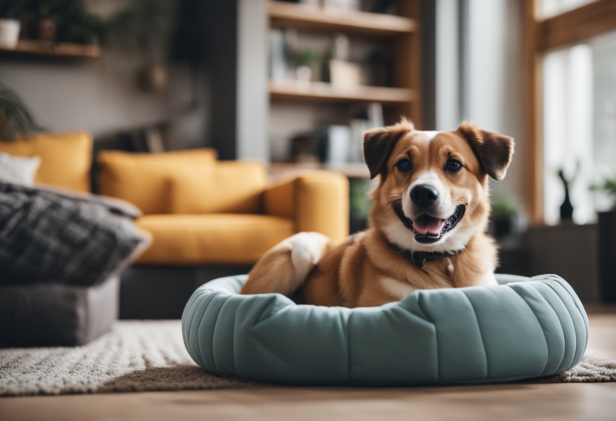 A cozy living room with a pet bed and toys. A person holding a foster pet with a warm smile