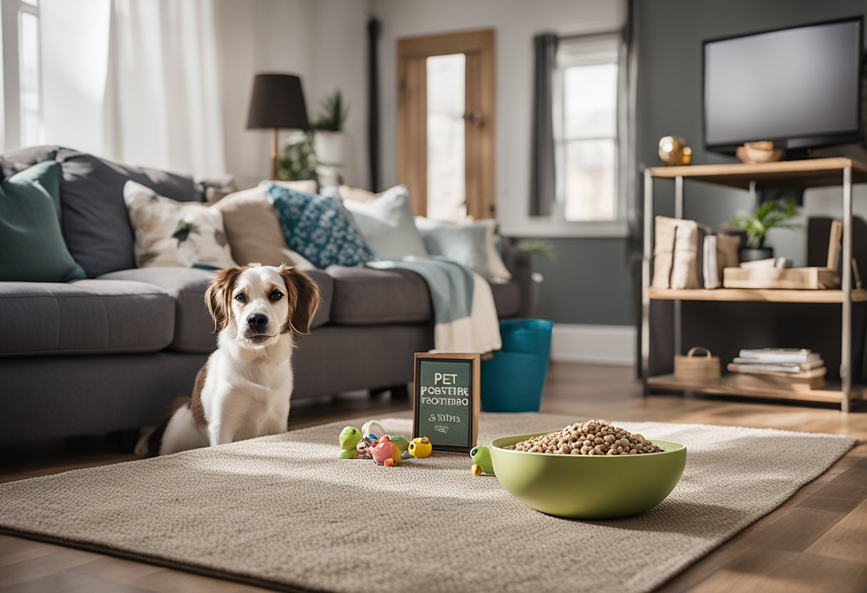 A cozy living room with a pet bed, toys, and a bowl of food and water. A sign reading "Understanding Pet Fostering - not ready for a permanent pet? Try fostering" hangs on the wall