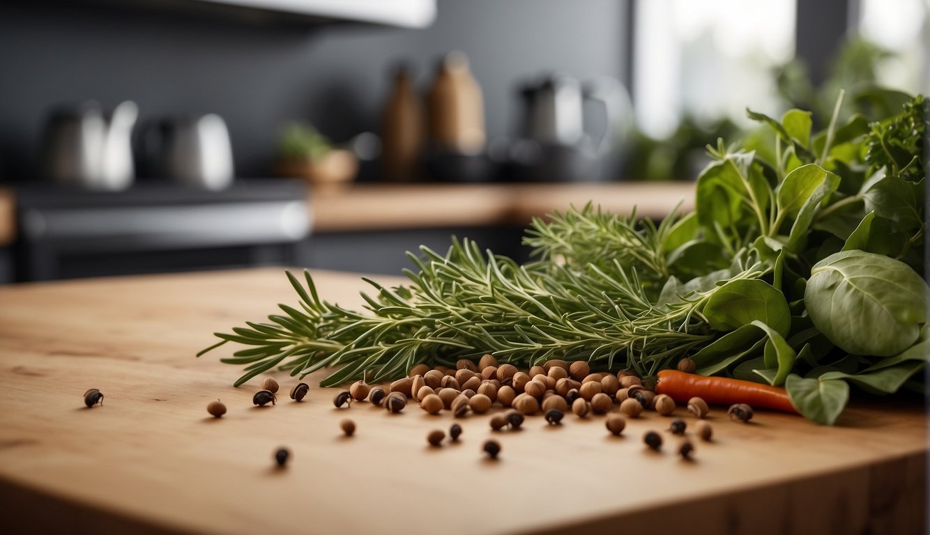 Fresh herbs and spices scattered around a clean kitchen counter, with a line of ants avoiding the area
