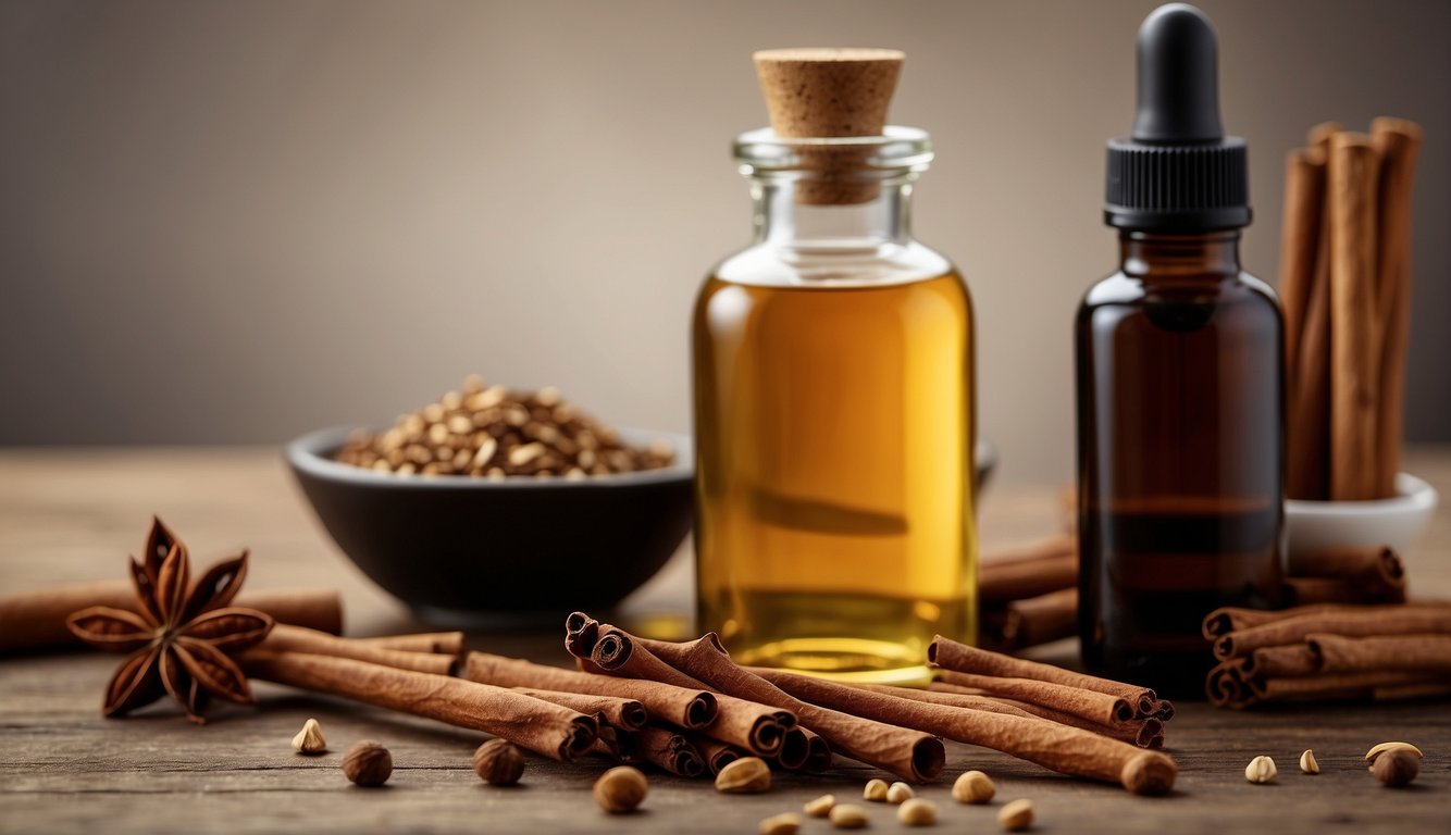 A jar of vinegar, a bottle of essential oils, and a spray bottle sit on a countertop, surrounded by scattered cinnamon sticks and cloves