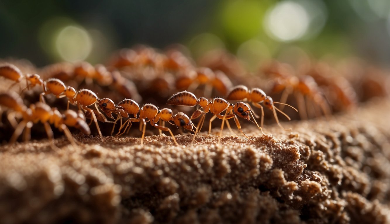 A line of ants is blocked by a barrier of cinnamon powder, deterring them from entering a kitchen