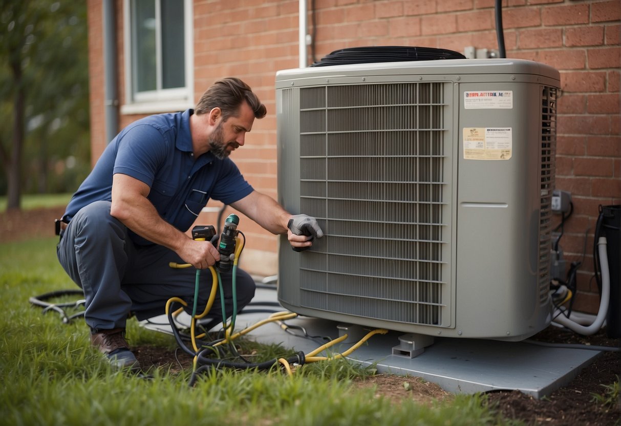 A technician connects pipes to a heat pump unit outdoors, while another technician installs the indoor unit. Tools and equipment are scattered around the work area