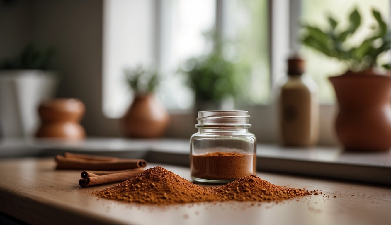 A line of cinnamon powder surrounds the base of a kitchen counter, while a small dish of vinegar sits nearby. A few drops of peppermint oil are scattered around the windowsill, deterring ants from entering the home