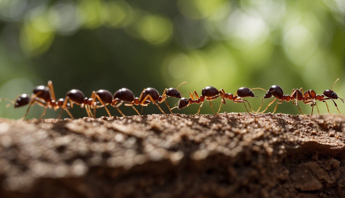 A line of ants marching towards a house, only to be deterred by natural barriers like cinnamon, peppermint, or vinegar sprayed around the perimeter