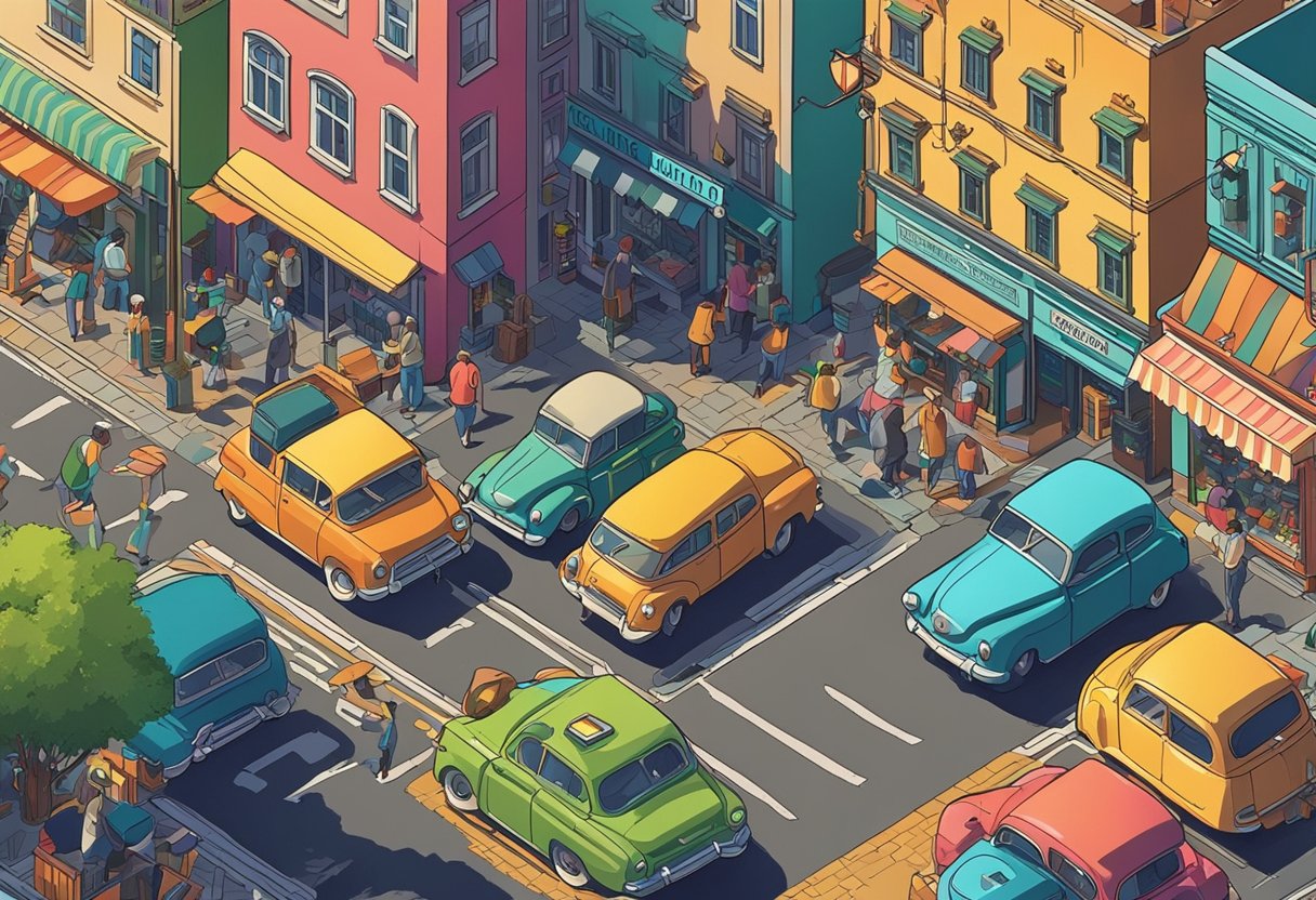 Vibrant street scene with colorful buildings and vintage cars, a bustling market, and lively music in the air