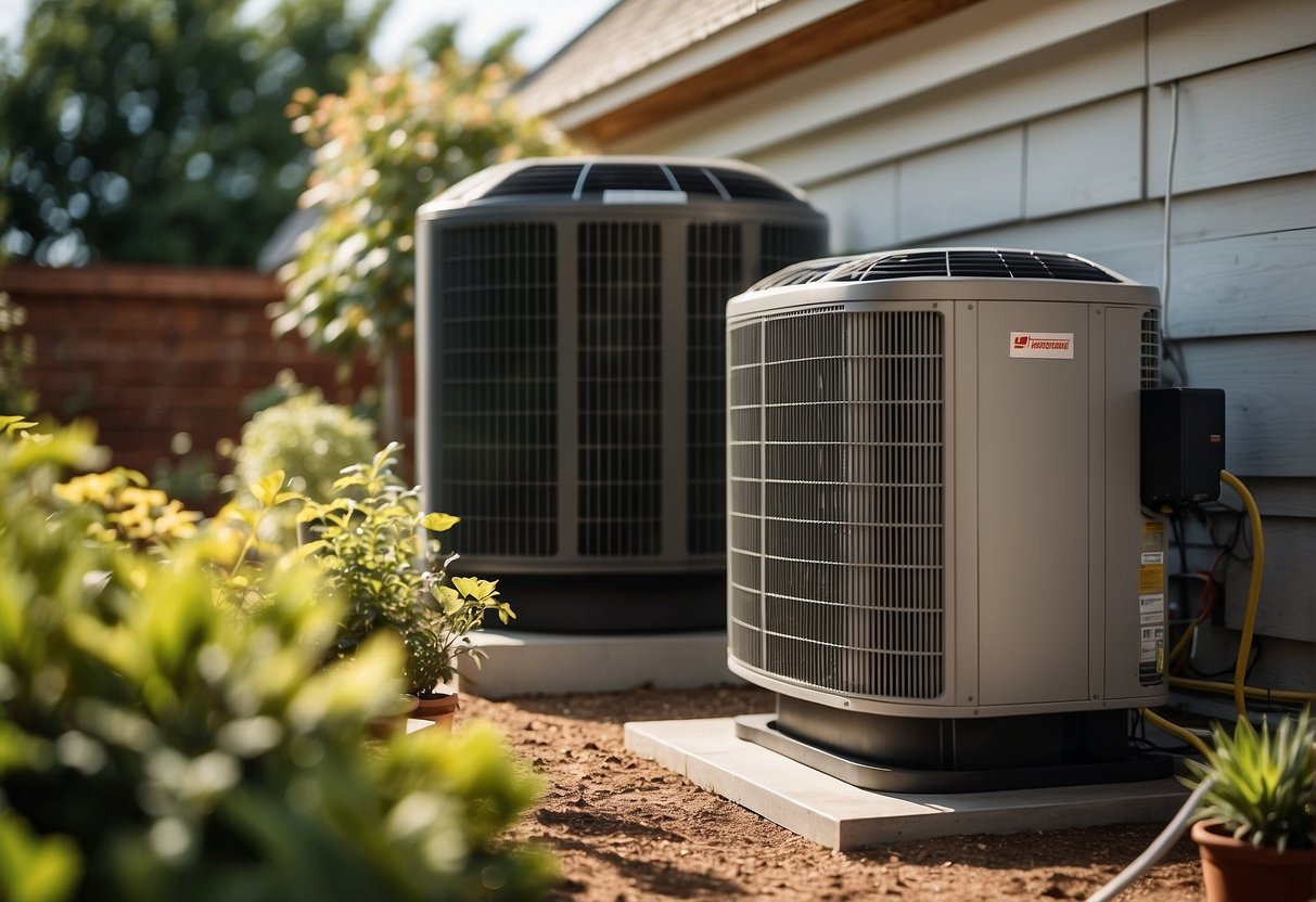 A heat pump being installed in a residential setting, with a focus on energy efficiency and environmental impact. Outdoor and indoor units are being connected by technicians
