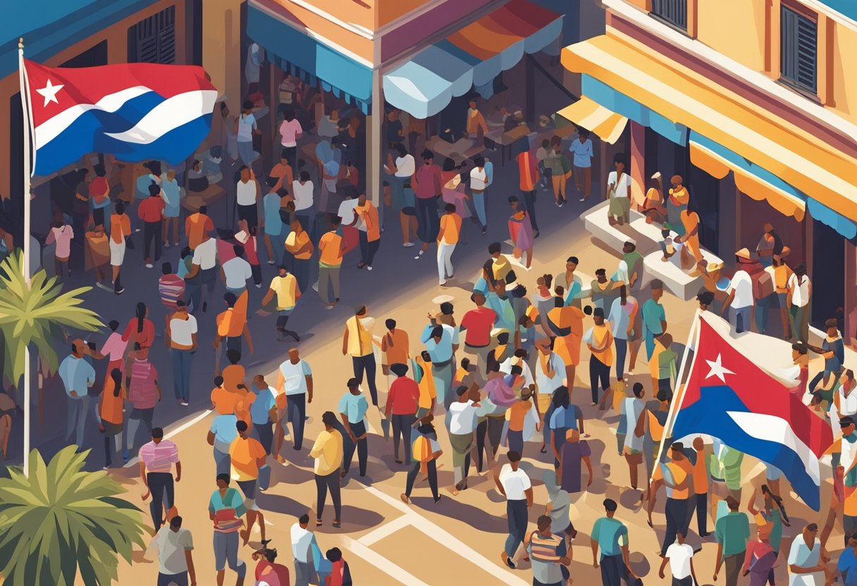 A colorful array of Cuban flags fluttering in the breeze, surrounded by a vibrant street market filled with people chatting and laughing