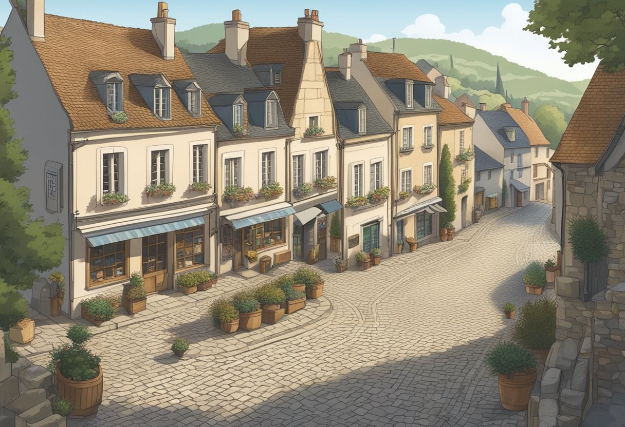 A quaint French village square, with stone buildings and a cobblestone street, adorned with signs displaying traditional French last names