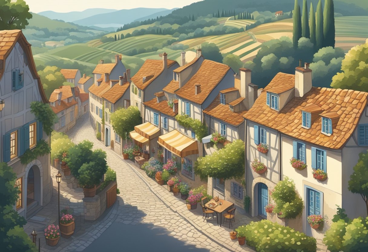 A cozy French countryside village with a charming cobblestone street lined with quaint cafes and bakeries, and a backdrop of rolling hills and vineyards