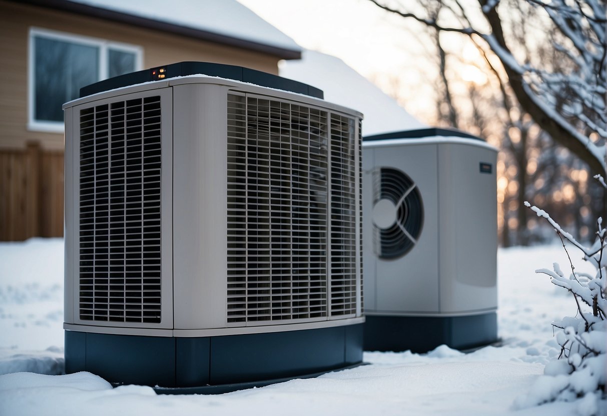 A heat pump sits outside a house, drawing in cold air and transferring heat inside, with snow covering the ground